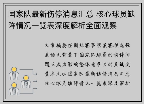 国家队最新伤停消息汇总 核心球员缺阵情况一览表深度解析全面观察 国家队最新伤停消息汇总 核心球员缺阵情况一览表深度解析全面观察